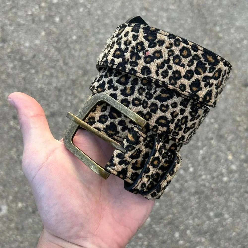 Vintage style cheetah leopard print fur belt american western black and tan